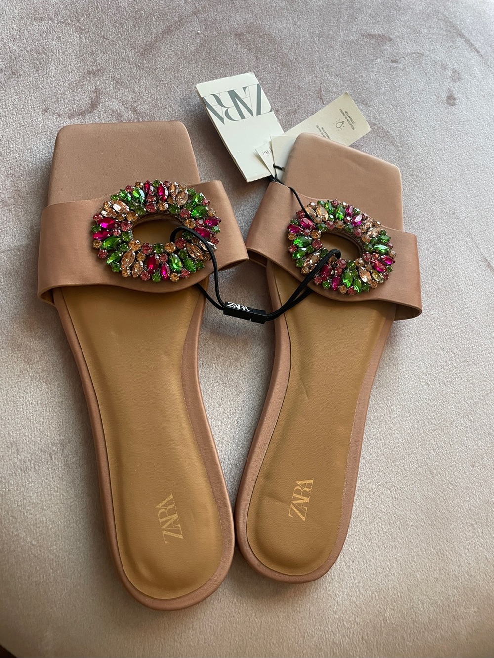 ZARA Tan Slide Mules with Multicolor Crystal Ring